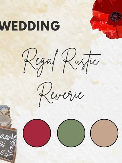 'Regal Rustic Reverie'. This was the mood board for our Sabyasachi-inspired wedding, blending the regalness of deep reds and golds with rustic textures and sophisticated patterns.