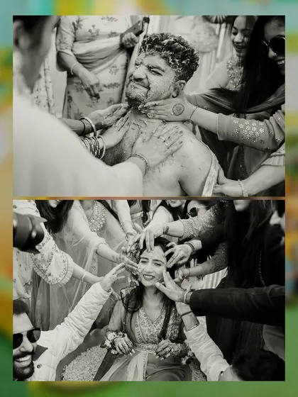 A black and white diptych showing the bride and groom being playfully covered in Haldi by their friends and family. This style emphasizes the emotion and action of the moment.