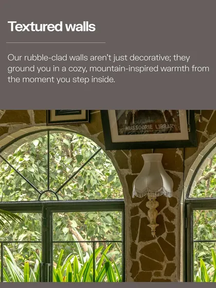 The rubble-clad walls at Echoes are more than just decoration. They are a key element of our material story, grounding you in a cozy, mountain-inspired warmth from the moment you step inside and adding a rich, tactile quality to the space.