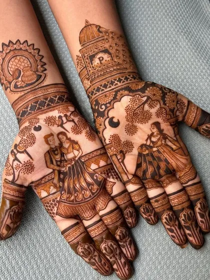This beautiful bridal design combines portraits of a couple on a swing with peacock and temple motifs, creating a rich tapestry of love and tradition.