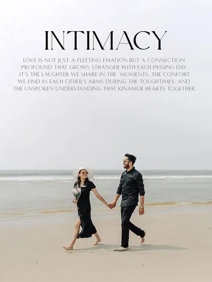 A beautiful portrait from a Goa pre-wedding shoot with a poetic text overlay, turning a lovely photo into a piece of art.