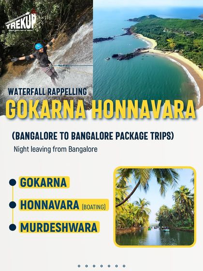 Our Gokarna and Honnavara package is a multi-adventure trip. This graphic highlights the key activities: waterfall rappelling, beach exploration, and backwater boating.