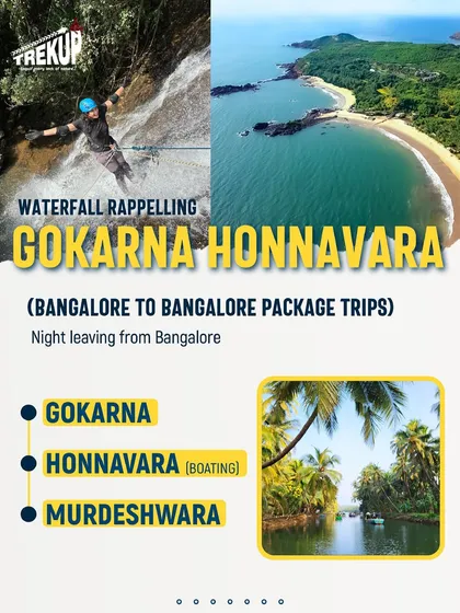 Our Gokarna and Honnavara package is a multi-adventure trip. This graphic highlights the key activities: waterfall rappelling, beach exploration, and backwater boating.