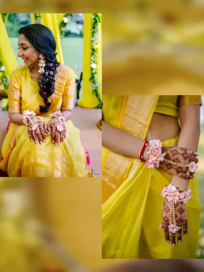 A collage focusing on the bride's Haldi look, highlighting her beautiful floral hand jewellery and the intricate henna design on her hands.