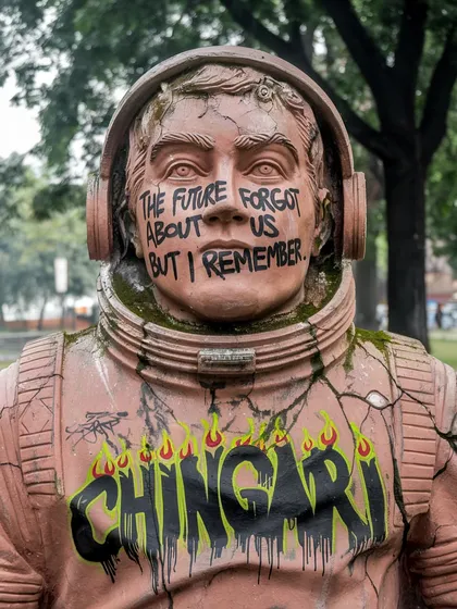 A dilapidated statue of an astronaut in 'Rocketganj', covered in graffiti. This piece, 'The Witness', speaks to a future that has been forgotten or has failed to arrive.