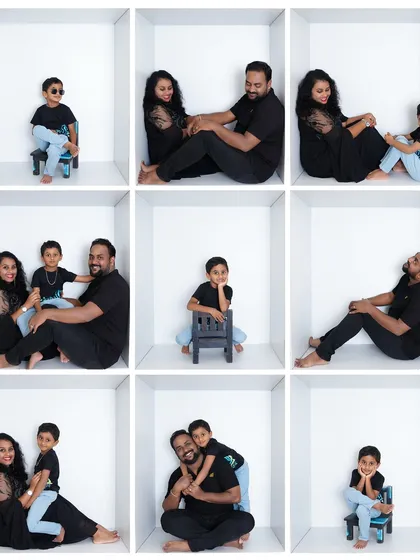 A creative family box portrait session! Each family member has their own box to show their personality, creating a fun and modern family photo.