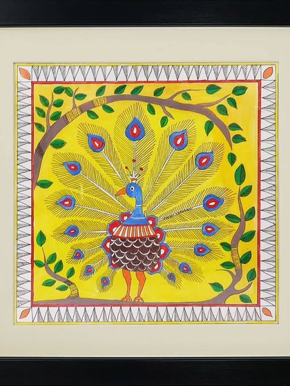 A magnificent peacock with its feathers on full display, painted in the vibrant and celebratory style of Madhubani art.