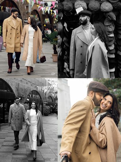 A collage of moments from their London pre-wedding shoot, showcasing their color-coordinated looks with a hint of contrast against the city's vintage charm.