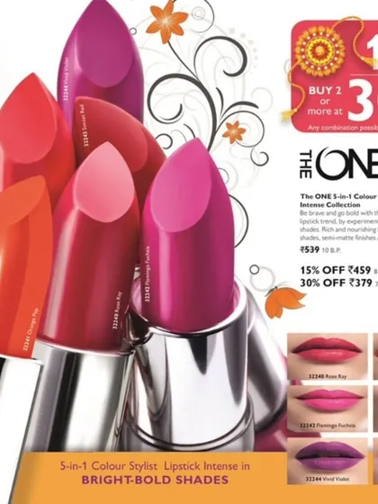 A product and offer feature for 'The ONE' 5-in-1 Colour Stylist Lipstick collection. This shot combines a close-up of the lipstick textures with offer details for a Raksha Bandhan promotion.