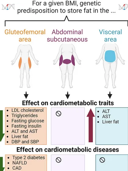 Not all body fat is the same. This infographic explains how a woman's genetic predisposition to store fat in different areas (gluteofemoral vs. visceral) has different effects on cardiometabolic health, influencing risks for conditions like type 2 diabetes.