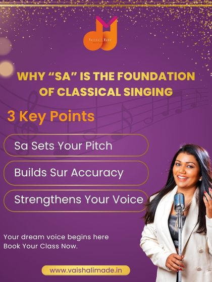 The note 'Sa' is the foundation of all Indian classical singing. This graphic explains its importance in setting your pitch, building 'sur' accuracy, and strengthening your voice. A strong 'Sa' is the first step to becoming a strong singer.