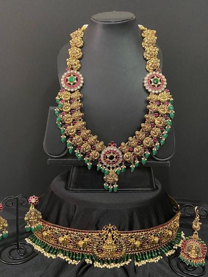 A stunning bridal haaram with floral motifs and green beadwork. This can be paired with a choker from my collection to create your own custom bridal set.