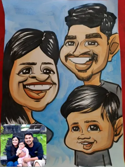 A happy family of three turned into a fun, colorful caricature. It's a wonderful way to freeze a happy moment in time.