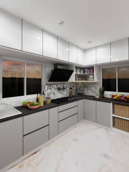 A 3D visualization of a modern kitchen with marble-finish countertops and handleless cabinets. These renders allow for detailed planning of layout, materials, and lighting.