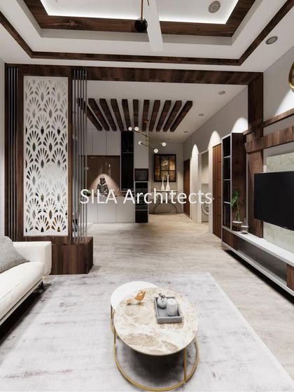 A 3D render of a contemporary living room, featuring a custom TV unit, a CNC-cut partition, and a false ceiling with wooden rafters. This visualization helps clients approve the final design before execution.