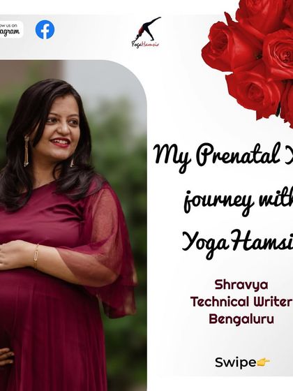 This is the cover image for Shravya's beautiful prenatal yoga journey testimonial, showcasing her confidence and glow.