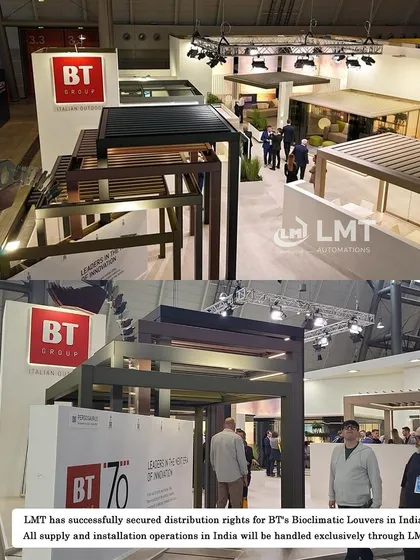 A collage from the BT Group expo in Italy, where we finalized our partnership. We are the sole suppliers and installers of their premier bioclimatic louvers in India.