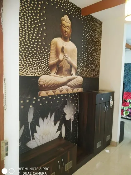 A serene, custom-designed Buddha mural installed in an entryway. This type of spiritual wallpaper adds a sense of peace and personalization to your home.