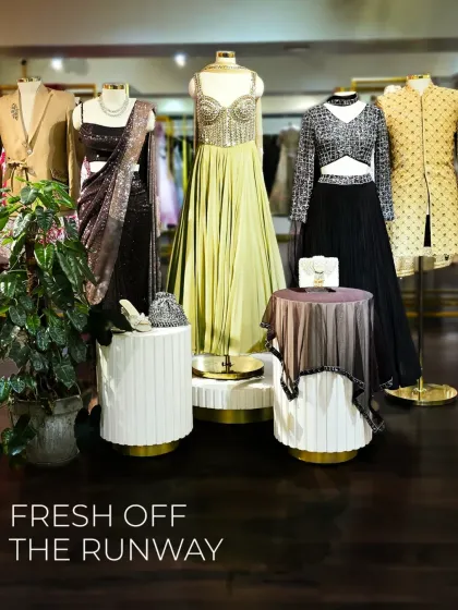 Fresh off the runway and into my store. This display showcases a range of cocktail and festive wear, including sarees, lehengas, and sherwanis for every kind of celebration.