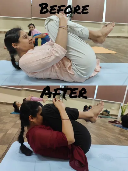 This before and after comparison shows the power of consistent practice. The changes in body shape and posture are clear, highlighting how yoga helps in toning the body and not just losing weight.