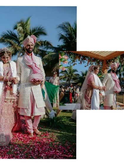A collage showing the groom's grand entrance and the couple at the mandap during their outdoor wedding.