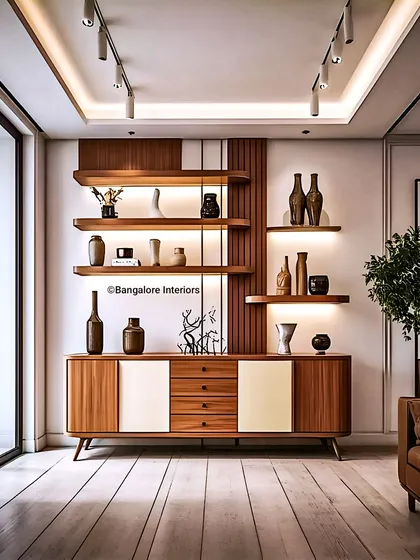This modern crockery cabinet combines open, backlit shelves for displaying your favorite pieces with closed cabinets and drawers for practical storage. The mix of wood and solid white panels gives it a sophisticated, mid-century modern aesthetic.