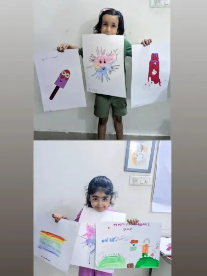 A collage of creativity from our youngest artists. They are proudly displaying their colorful drawings of ice cream, abstract blow-pen art, and patriotic themes for Independence Day.