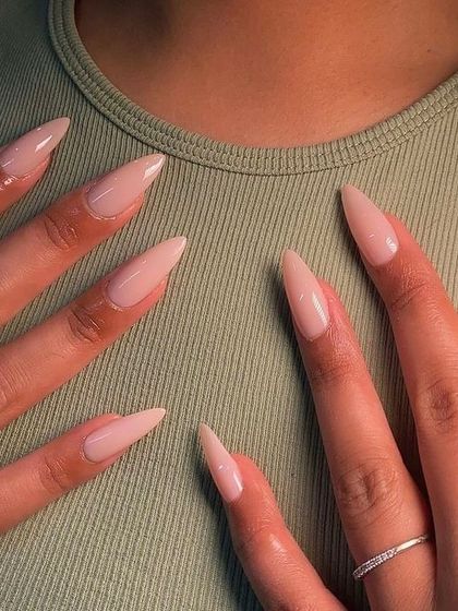 A perfect set of long, stiletto-shaped nails in a simple, elegant nude. This look elongates the fingers and provides a clean canvas that works for any occasion. It’s all about the perfect shape and flawless application.