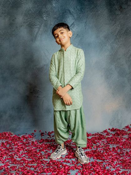 Your kid deserves the best. Our mint green Patiala set is perfect for all festive occasions, and it can be customized in any color you like.