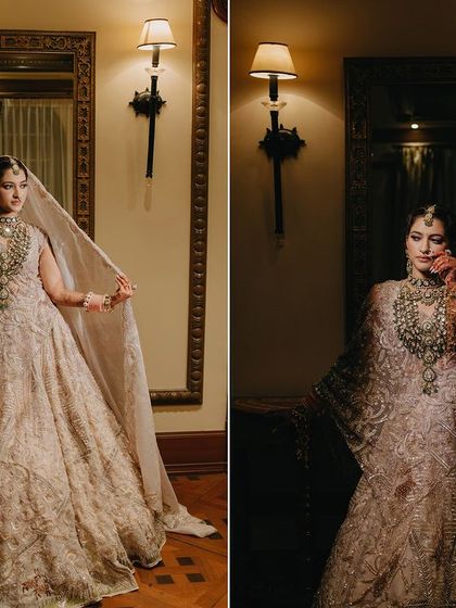 More portraits of Megha, highlighting the beautiful spread of her lehenga and her graceful poses in the warmly lit, luxurious interiors of the ITC Grand Bharat.