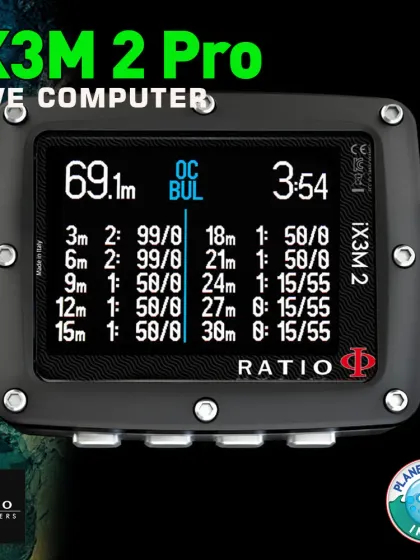 The full decompression table is displayed on the Ratio iX3M 2 Pro during a dive. The computer provides a real-time, updated deco schedule with all required stops, ensuring you can manage your ascent safely and effectively.