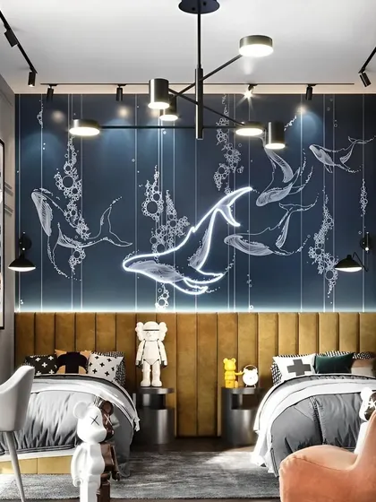 For a sophisticated shared room, we designed this space with a stunning backlit whale mural. The design uses modern lighting and distinct sleeping zones to create a stylish yet calming environment for two.