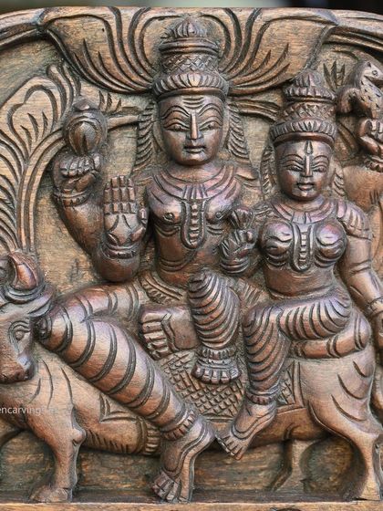 The central figures of Lord Shiva and Parvathi on their Nandi bull from the 42-inch family panel.