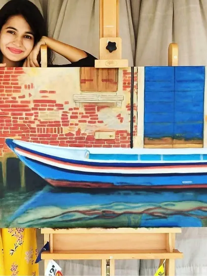 Here I am with the finished painting of a quiet Venice canal. Capturing the reflection on the water and the texture of the old brick wall was a joy. I create custom landscape paintings that transport you to your favorite places.