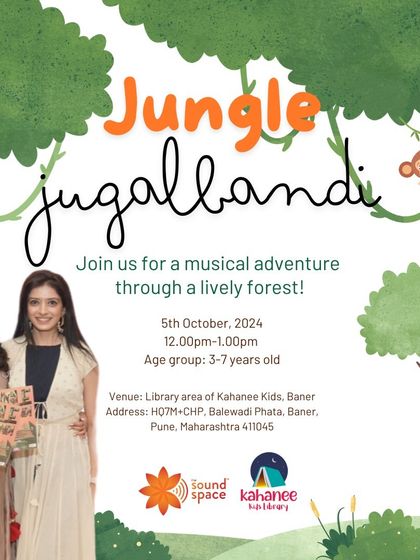 A poster for a free 'Jungle Jugalbandi' event at a local library in Pune, inviting the community to join us for a musical adventure and book reading session.