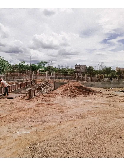 The very beginning of construction at the Dr. Vishnuvardhan Memorial site, with foundation work underway. This is where the architectural vision first meets the ground.
