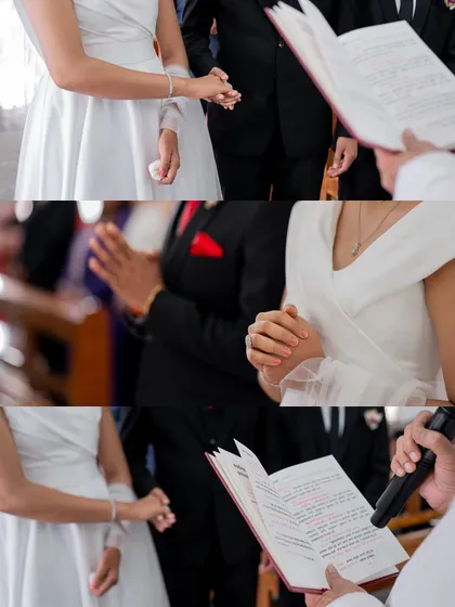 A collage of detail shots from a church wedding ceremony, focusing on the couple holding hands and the priest's prayer book.