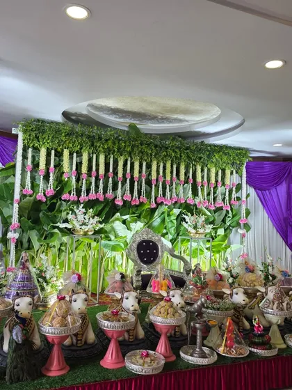 Another angle of the stage with the green wall and pink garlands.