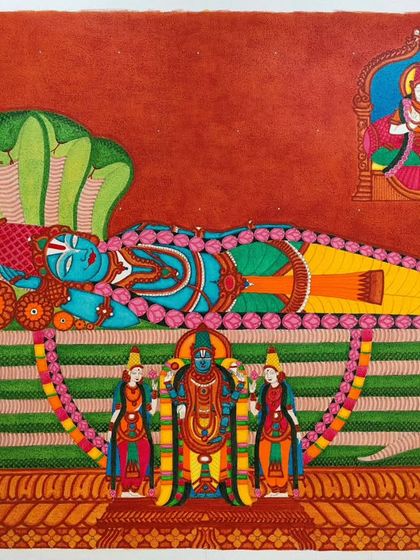 The completed masterpiece of Lord Ranganathar, a 24x20 inch canvas for a client's Grihapravesham. This intricate piece shows the reclining form of Vishnu, along with Lord Venkateswara, Sridevi, Bhudevi, and his devotee Bibi Nachiyar.