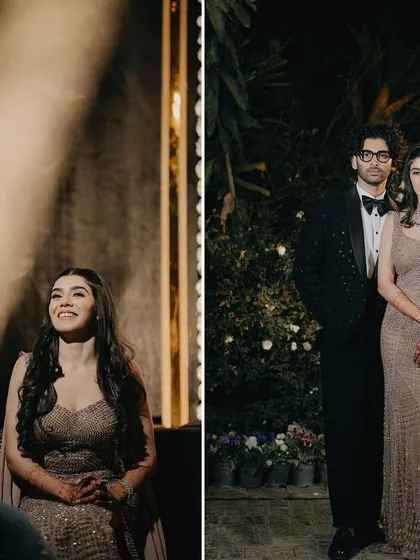 A collage showing the bride's joyful reaction and a classic couple portrait. This pairing tells a story of the evening, from candid emotion to posed elegance.