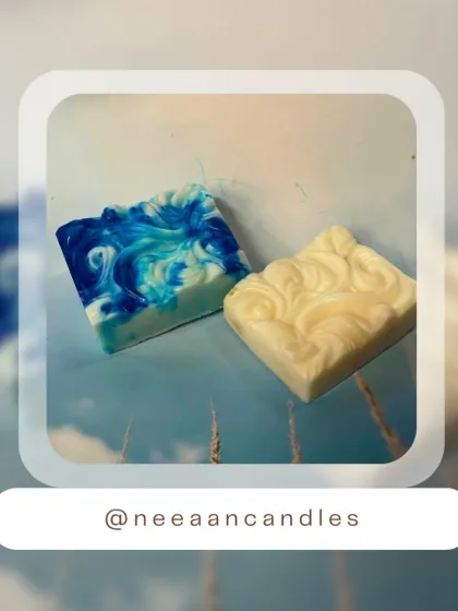 I love playing with designs that match your vibe. Here you can see two of my artisanal vegan soap bars, one with a calming blue ocean swirl and the other with a classic, elegant baroque pattern.