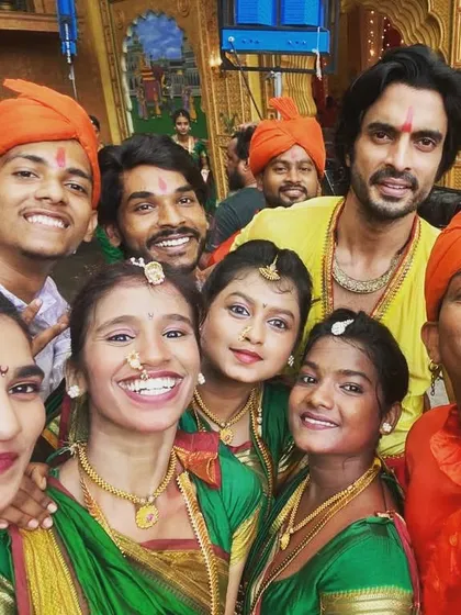 A group selfie on set with Gashmeer Mahajani and the entire dance team after shooting a Ganpati song in Film City. The energy was incredible.