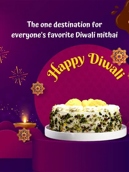 This Diwali special cake is inspired by Indian mithai. It's a Rasmalai cake, generously garnished with pistachios and edible petals, blending the joy of cake with traditional festive flavors.