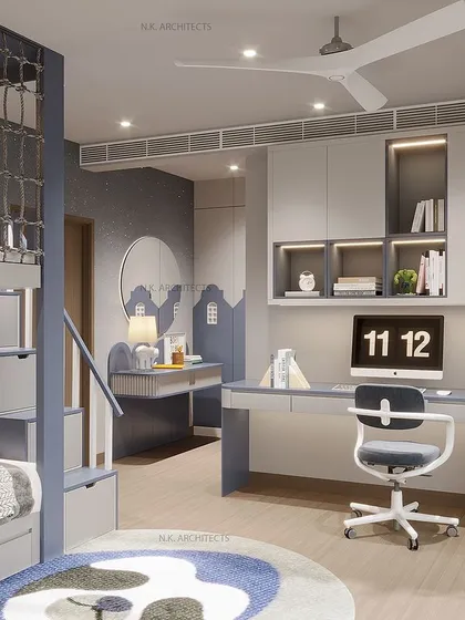 Transform your little one’s space into a superhero haven. This blue-themed room is perfect for adventure, featuring Star Wars posters on the wardrobe, a custom bunk bed, and a dedicated study area.