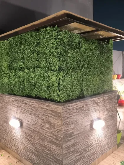 The project in Paschim Vihar taking shape. The dense green hedge provides privacy and a lush backdrop for the terrace seating area.