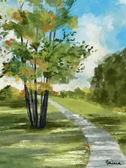 A quiet Sunday afternoon in the park. This digital painting uses soft light and shadows to create a peaceful, lazy-day atmosphere. It's an example of a simple, beautiful landscape commission.