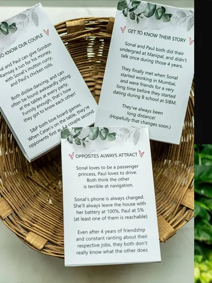 We love capturing the personal touches, like these fun "get to know the couple" cards that tell their unique story to the guests.