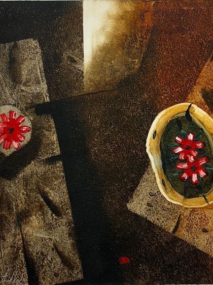 Another piece by Yusuf Arakkal, where he depicts wildflowers in broken pots to question our urban notion of beauty. In these shattered fragments, one can see the artist’s lonely soul searching for love.