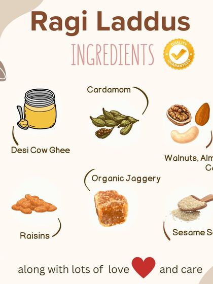 Here is a breakdown of what goes into my Ragi Laddus. Along with the nutrient-dense ragi flour, I use desi cow ghee, organic jaggery for sweetness, and a variety of nuts and seeds for crunch and added nutrition.