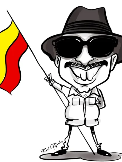 A black and white caricature of Vatal Nagaraj, a well-known figure in Karnataka. I included the Kannada flag to represent his activism and public image.